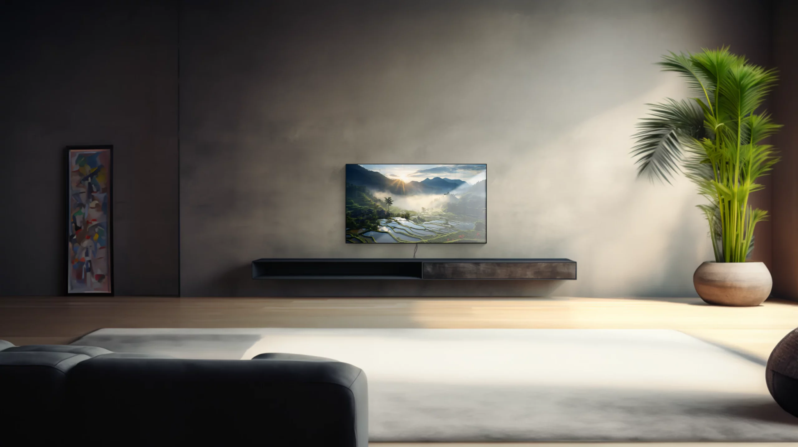 Ein 65 Zoll Fernseher in einem modernen Wohnzimmer. Auf dem Display ist zu erkennen, dass die Oberfläche vom Fernseher spiegelt. Der Fernseher ist an der Wand montiert und Kabel sind unterhalb des Gerätes zu sehen.