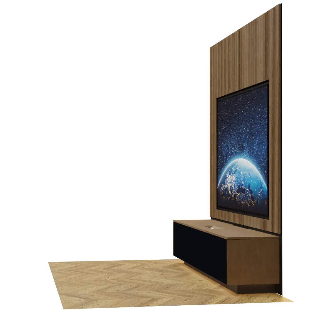 Ein Rendering eines maßgeschneiderten Laser TV Möbels aus Holz vor einer Holz Lamellen Wand.