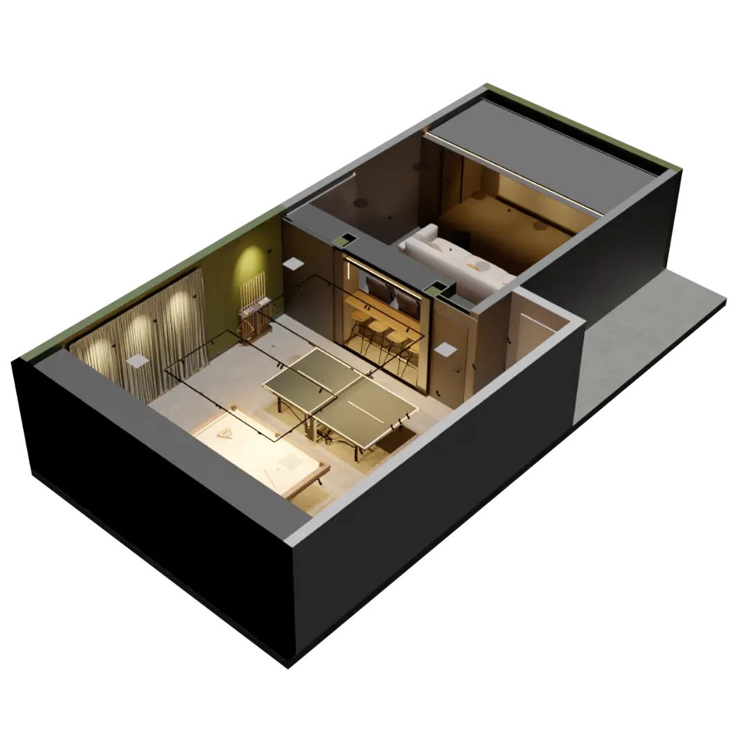 3D Planung von einem Heimkino und einem Freizeitraum mit einem Billardtisch und einer Tischtennisplatte.
