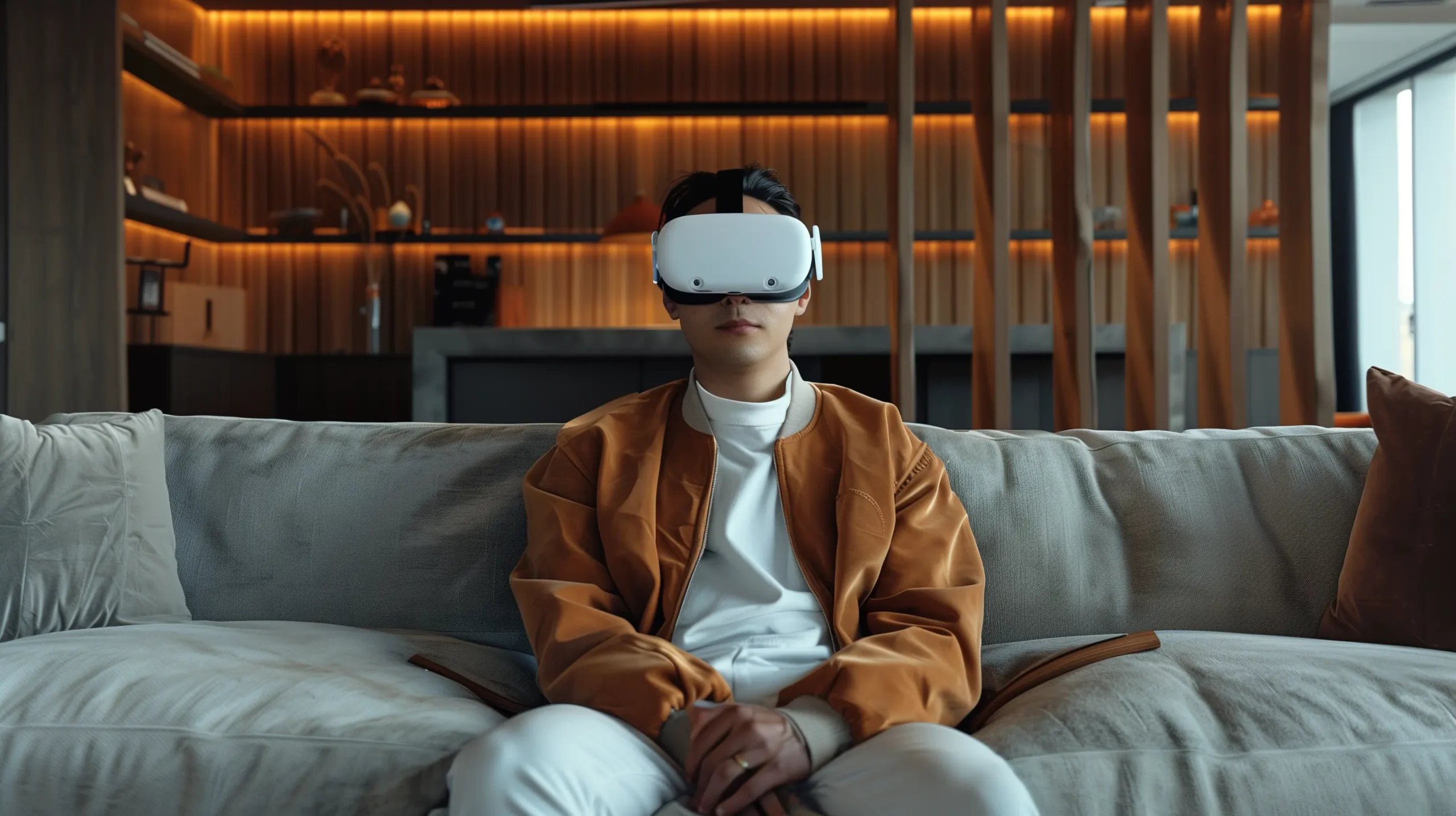 Ein junger Mann mit einer Lederjacke sitzt auf einem Sofa in einem sehr modernen Wohnzimmer sitzt und eine VR Brille trägt