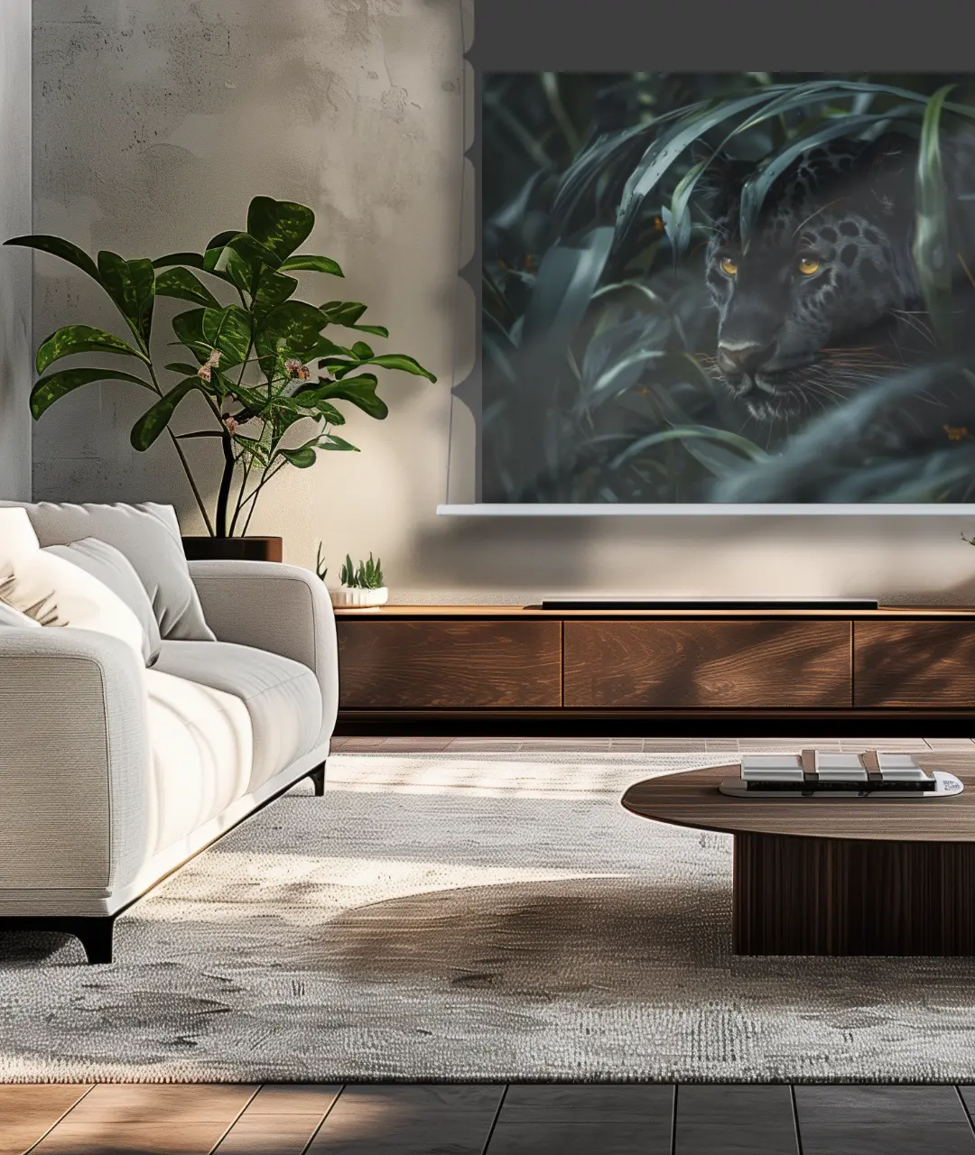 Die Screenline Radiance Bright Wave EdgeFree Tension in einem modernen Wohnraum. Auf der Leinwand ist eine Kontrastreiche Jungle Szene mit einem Panther zu sehen.