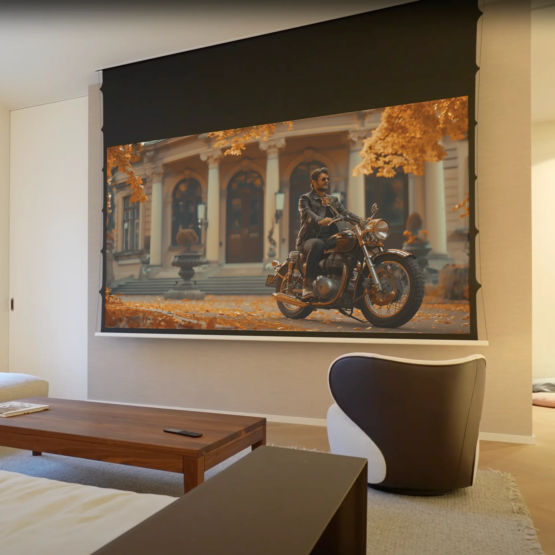 Kino im Wohnzimmer mit unsichtbaren Lautsprechern, versteckten Fernseher hinter Future Automation Picture Lift und 3,30 Meter breite Leinwand von Screenline, eine Masked Tension InCeiling Variante. Gebaut wurde diese Referenz vom AVITECT Studio Rhein-Main.