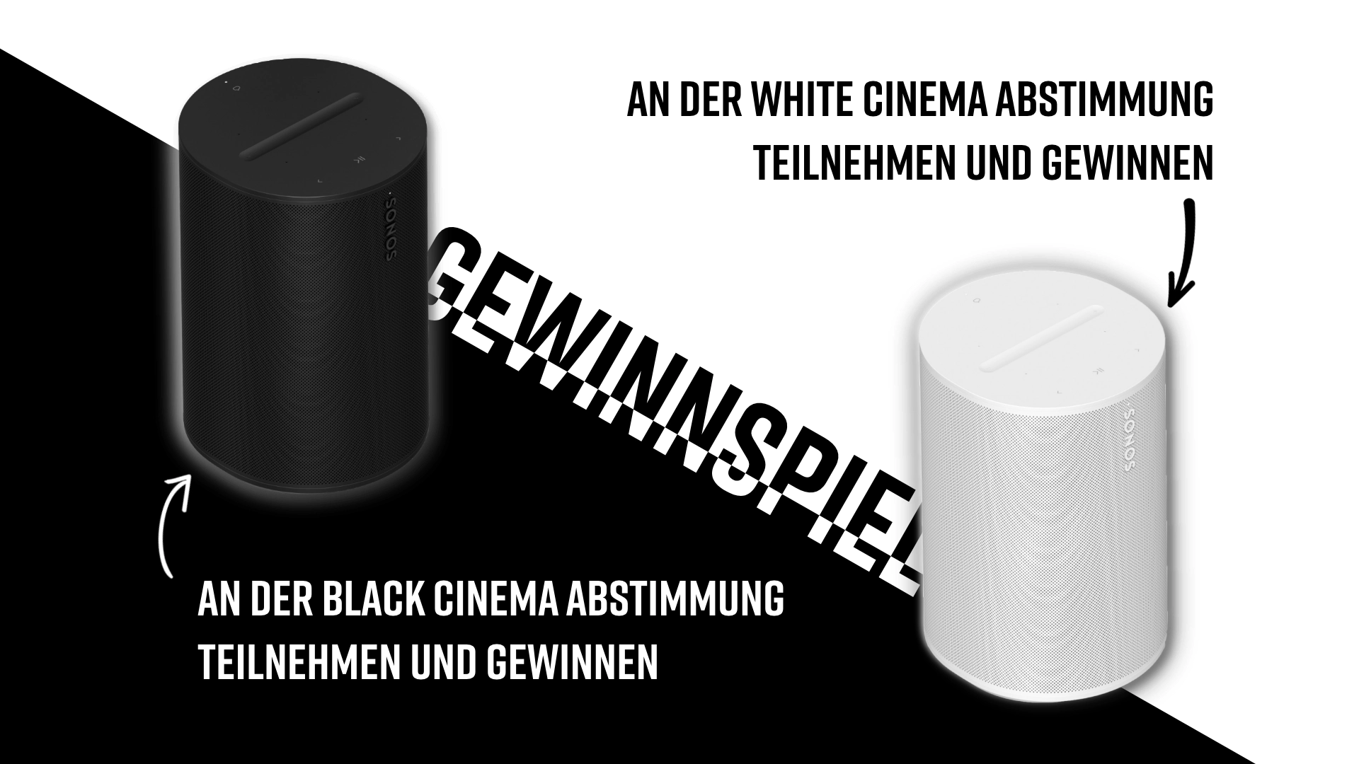 Die beiden Sonos Era 100 in weiß und schwarz die durch die Teilnahme an den beiden Gewinnspielen gewonnen werden können.