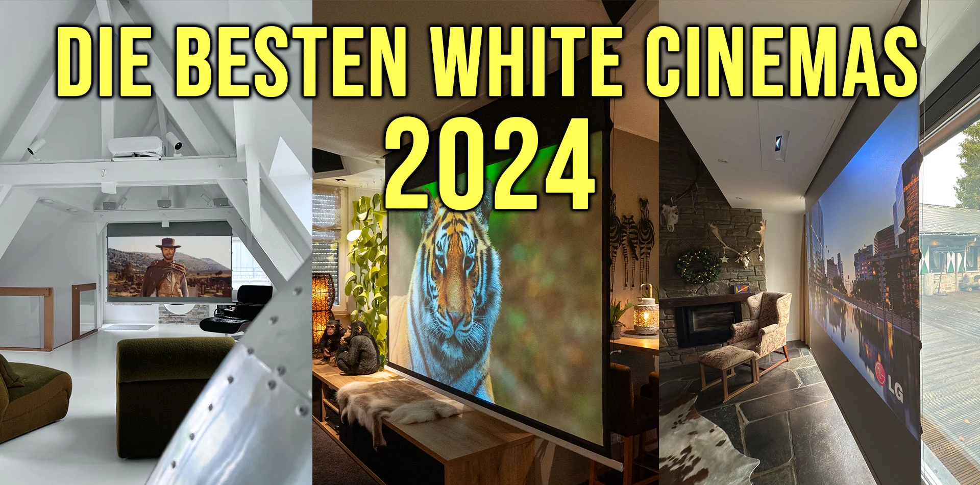 Das Thumbnail zum YouTube Video mit unseren schönsten Heimkinos im Wohnzimmer 2024.