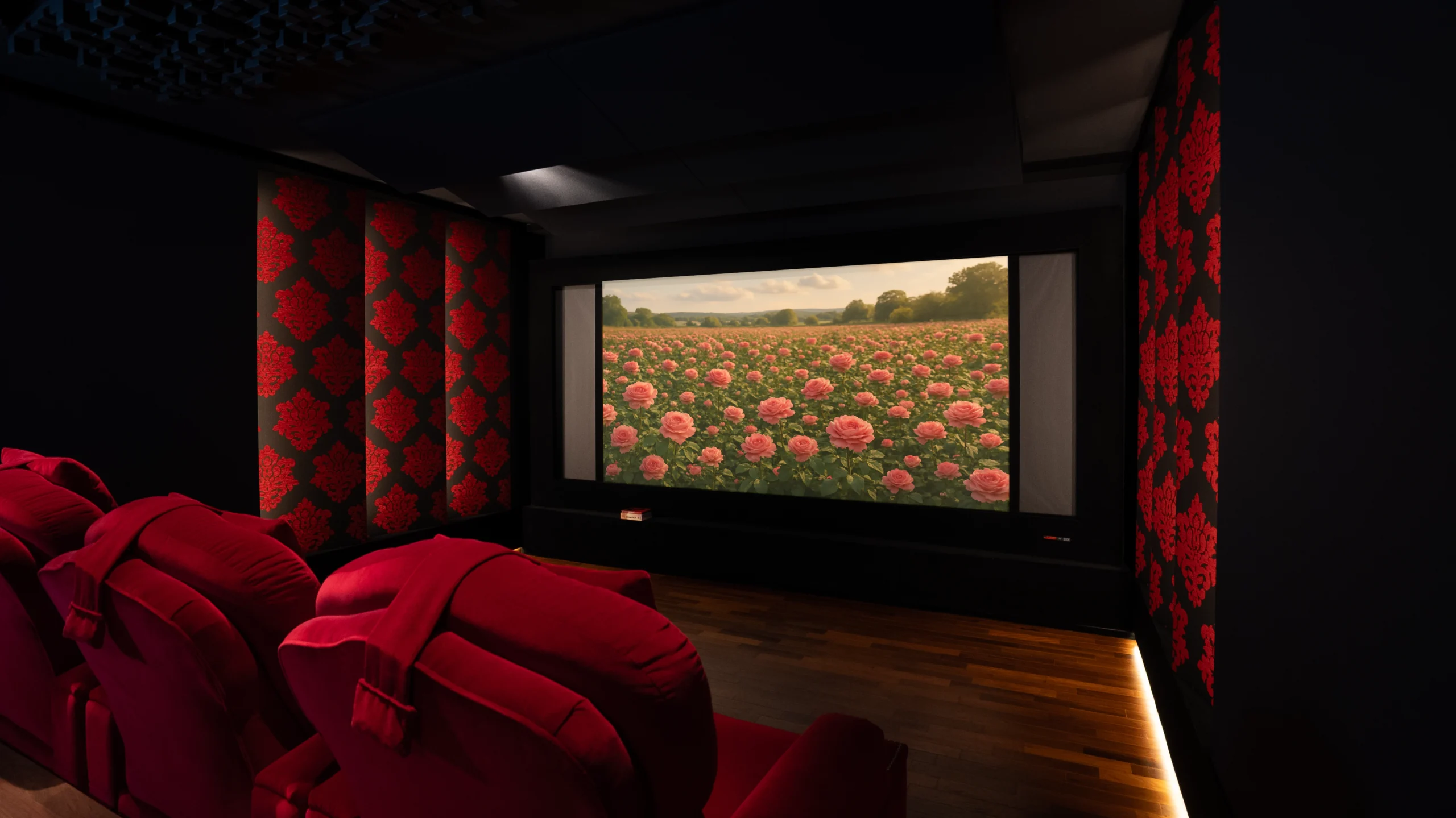 Design Heimkino mit roten Stoffelementen aus dem AVITECT Studio Bochum.