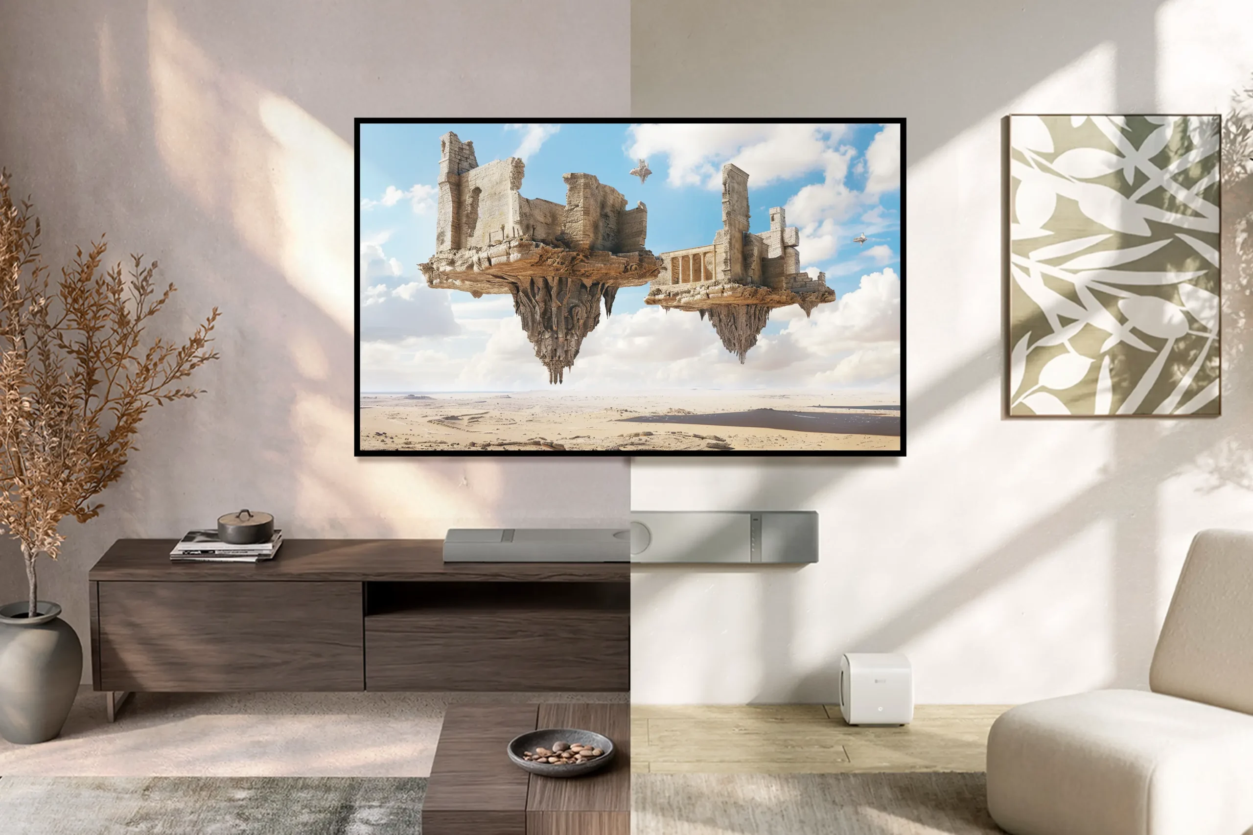 Die KEF XIO kann sowohl an der Wand als auch auf dem Lowboard positioniert werden.