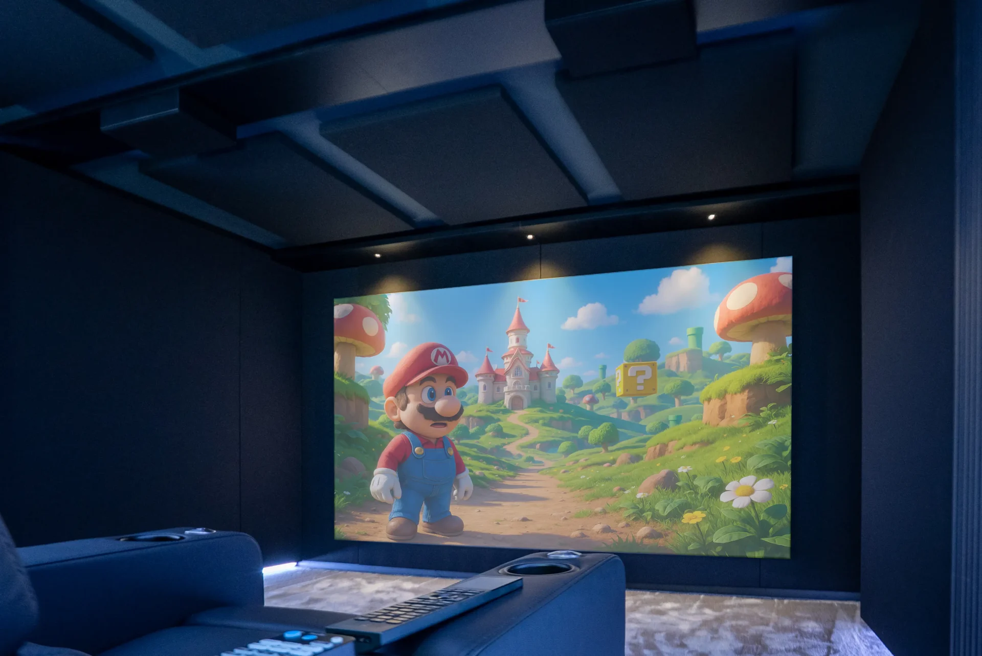 Super Mario Film auf der Leinwand im AVITECT Black Cinema Heimkino, hochwertige Projektion geplant vom AVITECT Studio Bochum.