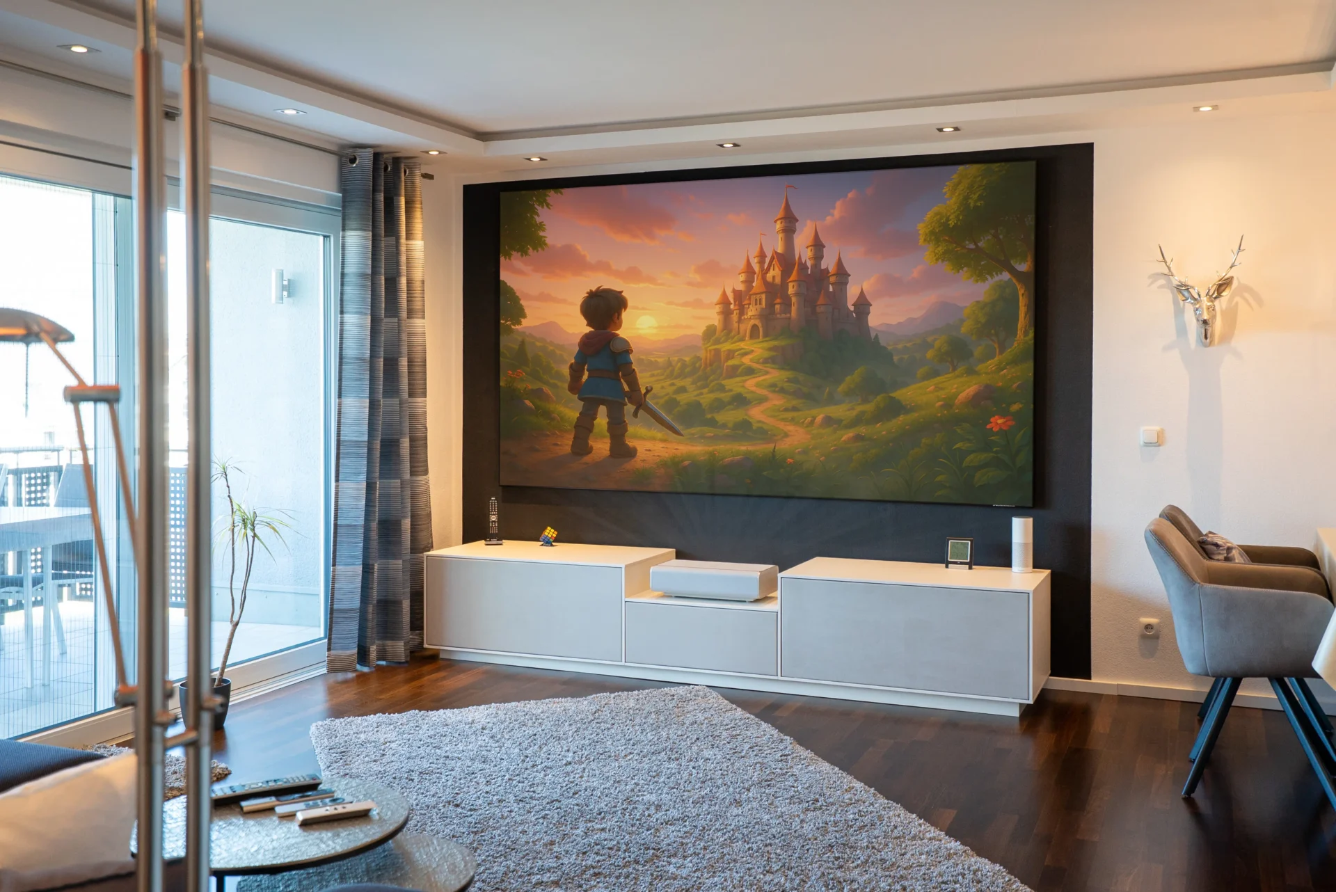 Wohnzimmer mit großem 120-Zoll-CLR-Screen mit Projektion aus einem Laser TV und maßgefertigtem Möbel vom AVITECT Studio Rhein-Main in Frontansicht.