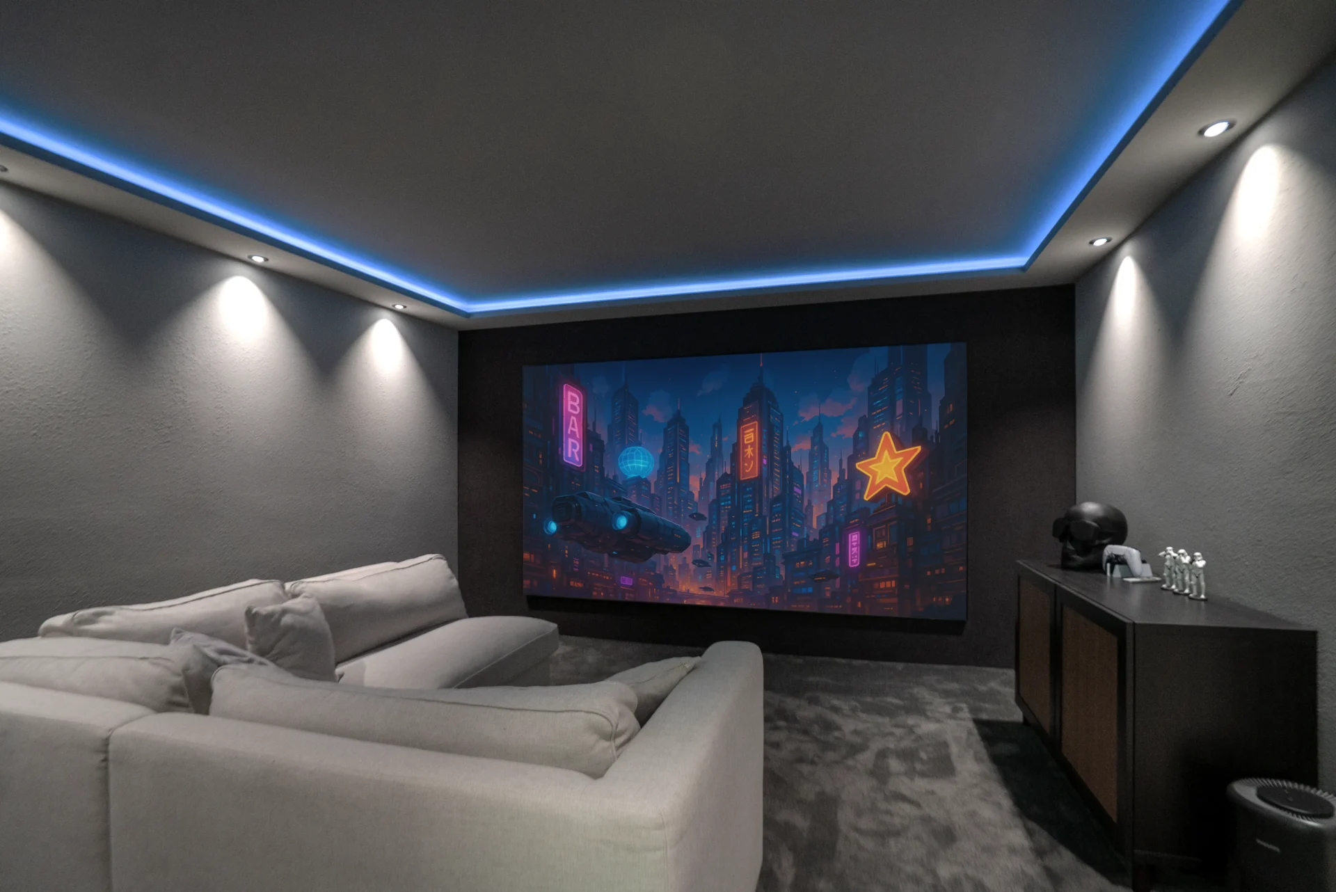 Black Cinema Heimkino mit akustisch transparenter Kontrastleinwand, LED-Deckenvoute und modernem Sofa – umgesetzt vom AVITECT Studio Rhein-Main.