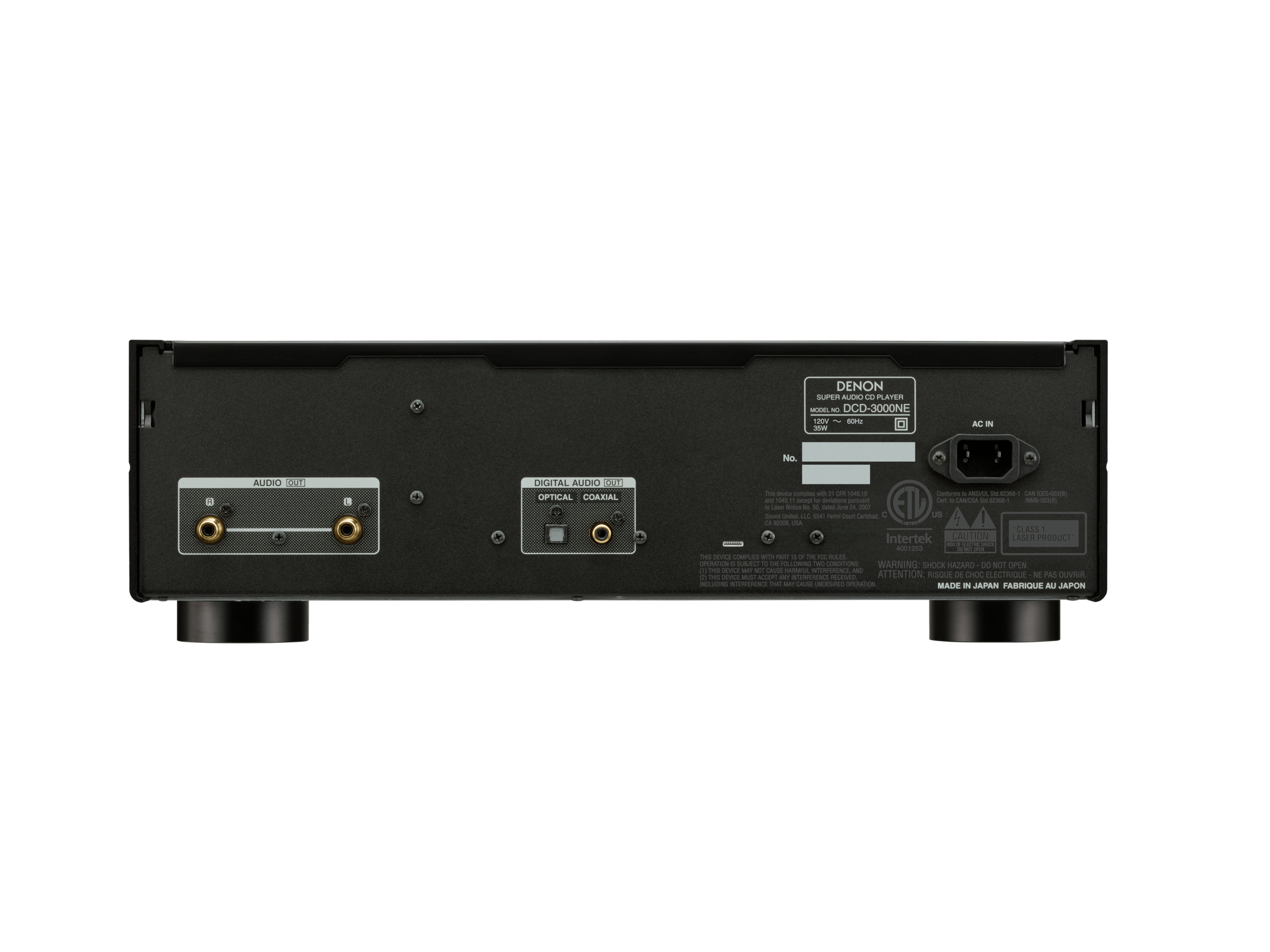 Das Bild zeigt den Denon DCD-3000NE in Schwarz von hinten.