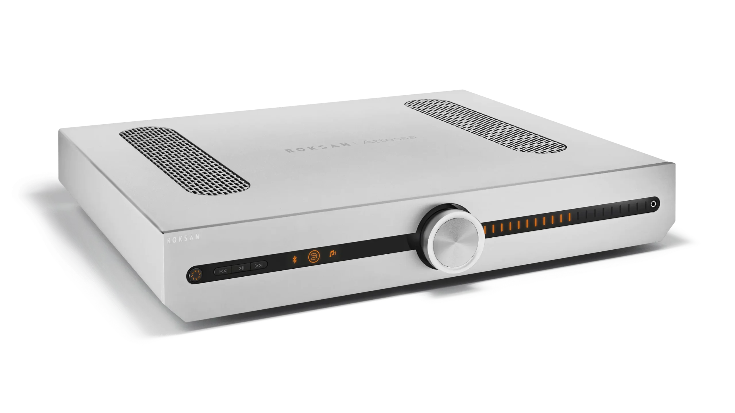 Roksan Attessa Streaming Amp von schräg vorne in silber