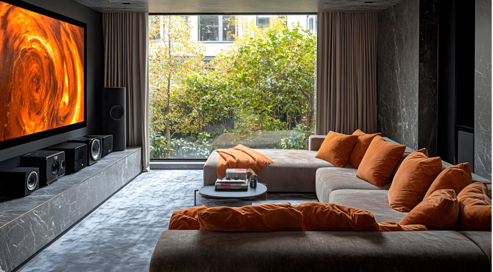 Das Bild zeigt ein stylisches Wohnzimmer mit einer Couch und der Screenline Radiance Leinwand