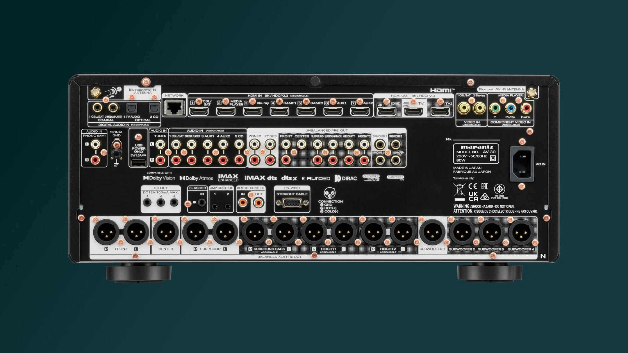 Das Bild zeigt den Marantz AV 30 von hinten und zeigt die vorhandenen Anschlussmöglichkeiten.