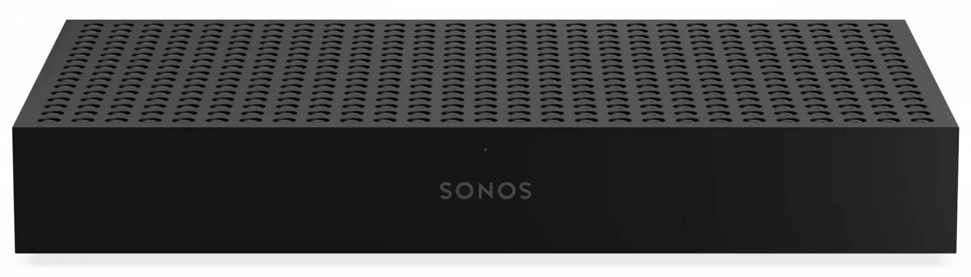 Frontansicht Sonos Amp Multi in Schwarz mit SONOS Logo – dezenter Multiroom-Verstärker für Custom Installation