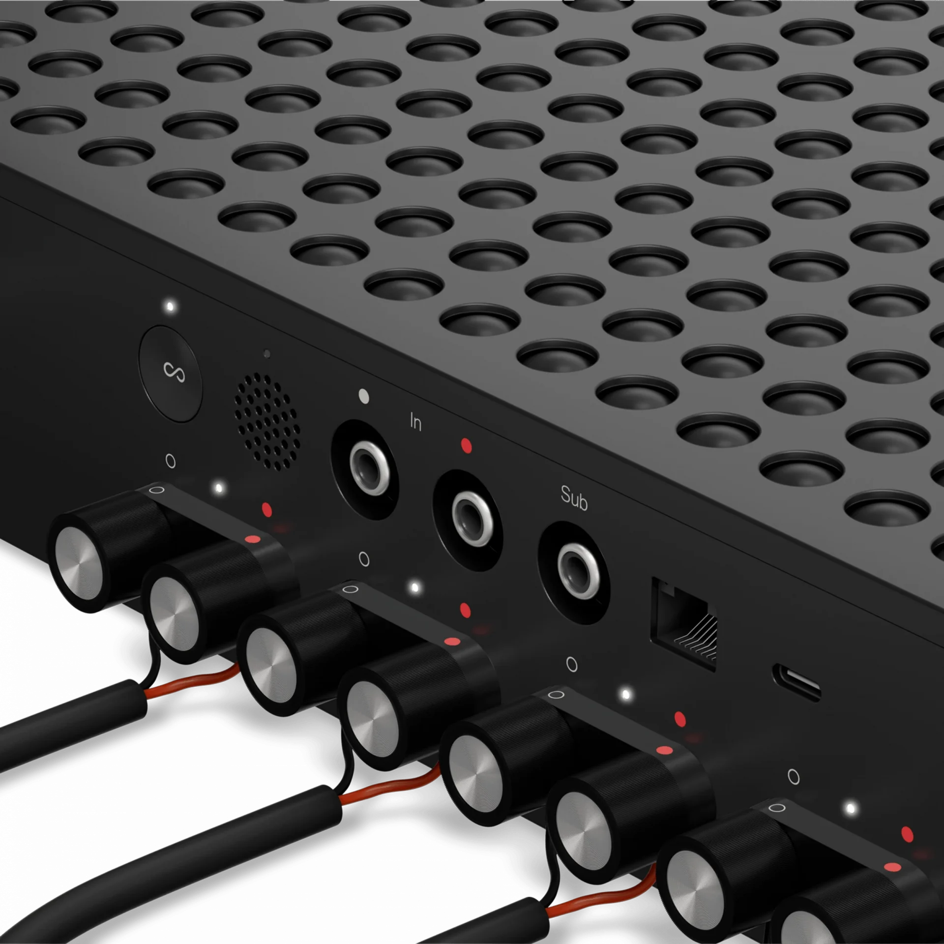 Detail Anschlüsse Sonos Amp Multi – Lautsprecherklemmen, Line-In, Sub-Out und Netzwerkport für professionelle Multiroom-Verkabelung