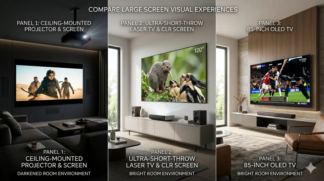 Beamer, Laser TV und Fernseher im direkten Vergleich: Deckenprojektor mit Leinwand im abgedunkelten Raum, Ultrakurzdistanz Laser TV mit 120-Zoll-CLR-Leinwand, und 85-Zoll OLED-Fernseher – jeweils im passenden Raumumfeld